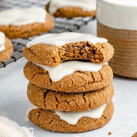 Traditional soft ginger cookies made a little extra special with the addition of brown butter, molasses and a lovely sweet and tart lemon icing. These chewy, soft ginger cookies are perfect with a cup of coffee for an afternoon treat and make the best Christmas cookies for sharing! #cookies #christmascookies #gingercookies Cookies With Lemon, Chocolate Orange Cookies, Soft Ginger Cookies, Oatmeal Cream Pies, Ginger Molasses Cookies, Ambitious Kitchen, Lemon Icing, Oatmeal Cream, Molasses Cookies