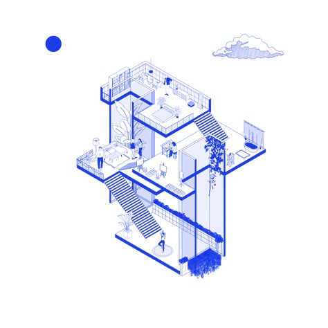 Axon Architecture Drawing, Isometric Design Architecture, Isometric View Architecture, Building Axonometric Drawing, Isometric Branding, Room Axonometric, Axonometric Illustration, Axonometric Architecture, Architecture Isometric