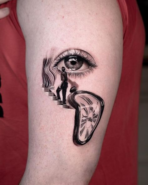 Salvador Dali Tattoos, Creation Tattoo Ideas, Salvador Dali Tattoo Ideas, Dali Tattoo Ideas, Truman Show Tattoo, Dali Clock Tattoo, Dali Tattoos, Salvador Dali Tattoo, Dali Clock