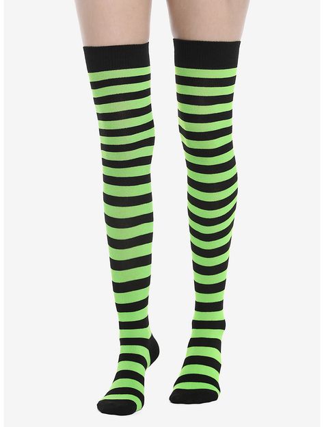 Green & Black Stripe Thigh Highs Green And Black Clothes, Scene Tights, Green Scene Outfit, Scene Socks, Scene Leggings, Scene Green, Scene Clothes, Scene Clothing, Scene Style