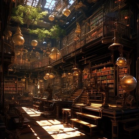 Fantasy Bookstore Aesthetic, Fantasy Book Store Concept Art, Steampunk Library Concept Art, Steampunk House Interiors, Steampunk Apothecary, Victorian Garden Ideas, Greenhouse Library, Endless Library Fantasy Art, Steampunk Aesthetic City