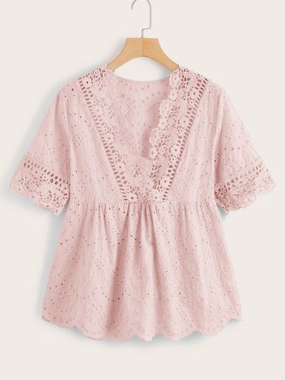 Crochet Eyelet Embroidered Ruffle Hem Blouse | SHEIN Ruffle Hem Blouse, Smock Blouse, Eyelet Embroidery, Trendy Fashion Tops, Hem Blouse, Crop Top Outfits, Embroidery Lace, Plus Size Blouses, Kurti Designs