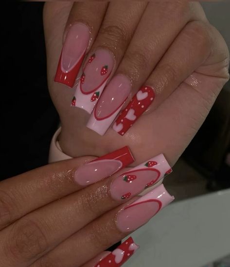 Strawberry Theme Nails Acrylic, Pink And Red Strawberry Nails, Strawberry Shortcake Acrylic Nails, Cute Nails Strawberry, Strawberry Heart Nails, Strawberry Nails Acrylic Short, Nail Ideas Strawberry, Acrylic Nails Strawberry, Strawberry Shortcake Nails Designs