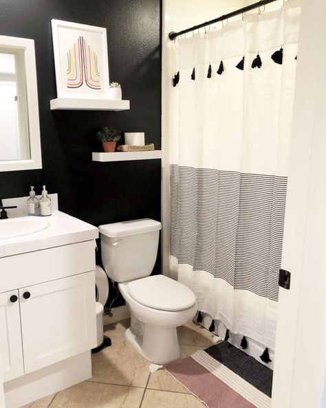 5 Inspiring Interiors Featuring Black Walls | Clare Small Bathroom Black Accents, Black Wall Small Bathroom, Tiny Black Bathroom, Small Bathroom Black Walls, Black And White Bathroom Paint, Black Wall Bathroom Small Spaces, Black And White Small Bathroom Ideas, Small Bathroom Wall Ideas, Small Bathroom Accent Wall