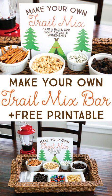 Your kiddos will love this easy DIY Trail Mix Bar. It's perfect for snacktime, a playdate, or even for a camping birthday party. Download the FREE Printable Sign to easily set up your own! Camping Birthday Party Games, Diy Trail Mix Bar, Trail Mix Bars, Trail Mix Bar, Glamping Birthday Party, Camping Theme Birthday Party, Camping Theme Birthday, Glamping Birthday, Nature Party