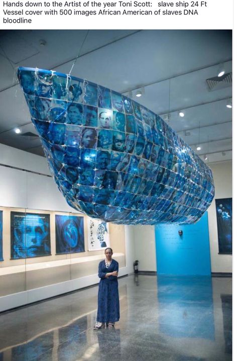 Artist of the year Toni Scott: slave ship 24 ft vessel covered with 500 images of African American slaves DNA bloodline African American Museum, Museum Exhibition Design, Museum Displays, Exhibition Display, Maritime Museum, Museum Exhibition, African American Art, Sculpture Installation, Ship Art