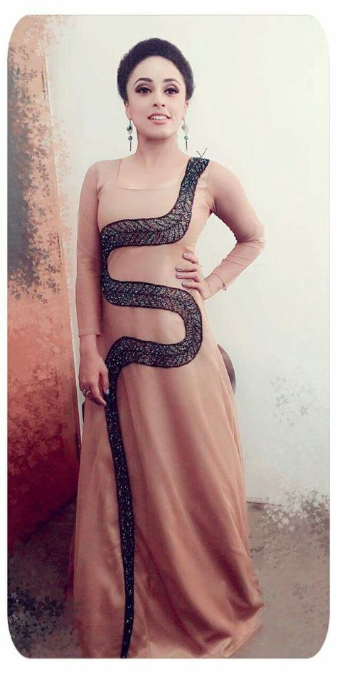 Snake dress with embellishments AanDe by Aanu Nobby Pearle Maaney, Snake Fashion, Dress With Embellishments, Snake Dress, Magic Crafts, Snakes, Evening Wear, Art Set, One Shoulder Formal Dress