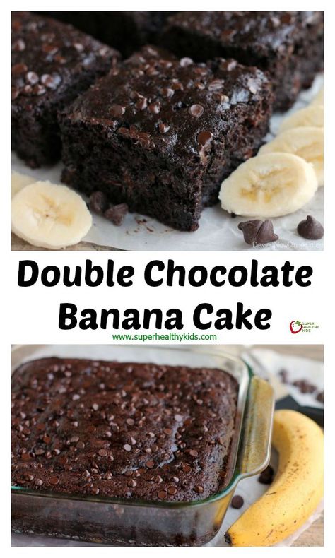 Double Chocolate Banana Cake - This lightened up chocolate cake has no oil, uses bananas and applesauce to keep it moist, and has just the right amount of chocolate to make it feel like an indulgent treat. No frosting required!  http://www.superhealthykids.com/double-chocolate-banana-cake/ Cake Recipes Banana, Dessert Light, Recipes Banana, Healthy Chocolate Cake, Chocolate Banana Cake, Sweets Chocolate, 8x8 Pan, Dessert Breakfast, Vegan Pie