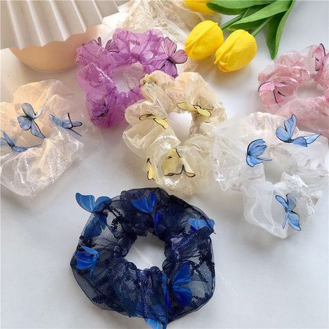 Pig Intestines, Flower Scrunchie, Butterfly Hair Accessories, Ring Butterfly, Diy Hair Scrunchies, Hair Rubber, Pony Tails, Hair Rubber Bands, Tie For Women