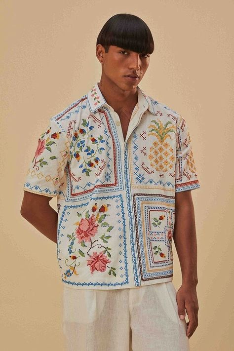 Tropical Cross Stitch, Brazilian Embroidery, Shirt Embroidery, Knitwear Men, Kurta Designs, Farm Rio, Embroidered Shirt, Cross Stitch Embroidery, Embroidery Stitches