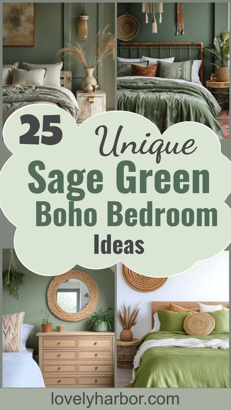 25 Unique Sage Green Boho Bedroom Ideas For 2025 Eclectic Green Bedroom, Boho Sage Green Bedroom, Earthy Boho Bedroom, Sage Green Bedroom Decor, Sage Green Boho Bedroom, Green Boho Bedroom Ideas, Boho Bedroom Green, Green Bedroom Colors, Green Boho Bedroom