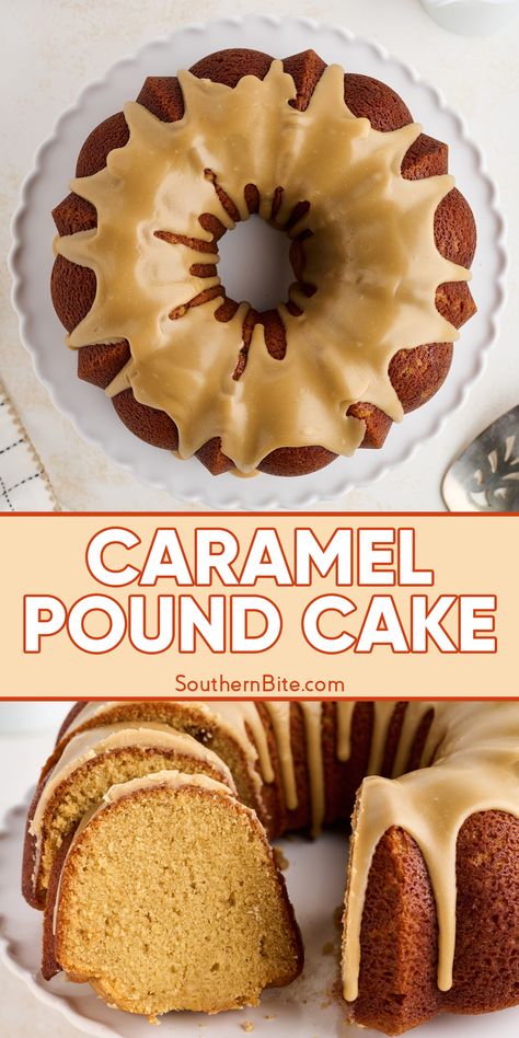 Caramel Pound Cake Caramel Pound Cake Recipe, Caramel Pound Cake, Brown Sugar Pound Cake, Caramel Icing, Caramel Glaze, Homemade Dessert, Pound Cake Recipe, Bundt Cakes Recipes, Homemade Caramel