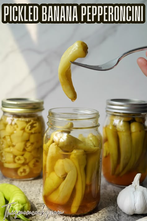 Pickled Banana Peppers (like pepperoncini) – This Mom Cooks Pickled Whole Banana Peppers Recipe Canning, Hot Banana Pepper Canning Recipes, How To Make Pickled Banana Peppers, Hot Banana Peppers Recipes, Fermented Banana Peppers, What To Do With Sweet Banana Peppers, Pickled Whole Banana Peppers, Canning Hot Banana Peppers, Canning Pickled Banana Peppers