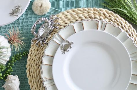 Arthur Court Designs (@arthurcourtdesigns) • Instagram photos and videos Seagrass Placemats, Metal Crab, Round Dinner Table, Classic Dinnerware, Lunch Table, Arthur Court, Summer Lunch, White Dishes, Pewter Metal