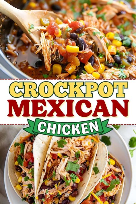 This Crockpot Mexican chicken is a 5-ingredient dinner no one can resist! It's an easy, fix-it-and-forget-it meal you'll put on repeat. Crock Pot Chicken Thigh Recipes, Crockpot Mexican Chicken Recipes, Canning Soup Recipes, Crockpot Mexican Chicken, Healthy Crock Pot Recipes, Crockpot Chicken Tacos, Mexican Casseroles, Crockpot Mexican, Crockpot Chicken Thighs