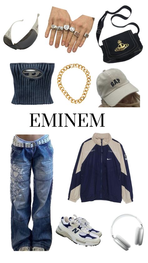 Eminem, rapper, outfit, fashion, baggy, swaggy, swag, nike, jewlery, clothes, inspo, inspiration, fashionboard, board Rapper Outfit, Eminem Girls, Cargo Outfits Women, Eminem Rapper, Swag Nike, Outfits 2000s Style, Eminem Style, Cargo Outfit, Fashion Baggy