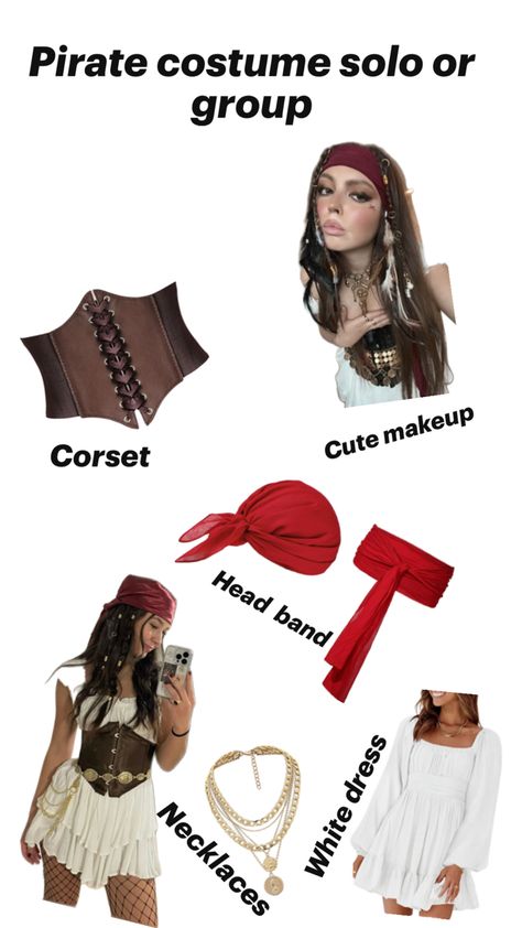 This is a collage of pics for what you’ll need for a pirate costume. Women’s Pirate Costume Dress Diy, Diy Halloween Costumes Pirate, Diy Woman Pirate Costume, Cute Pirate Costume Women Diy, Pirate Diy Costume Women, Simple Pirate Costume Women, Pirate Diy Costume, Easy Pirate Costume, Pirates Of The Caribbean Costumes