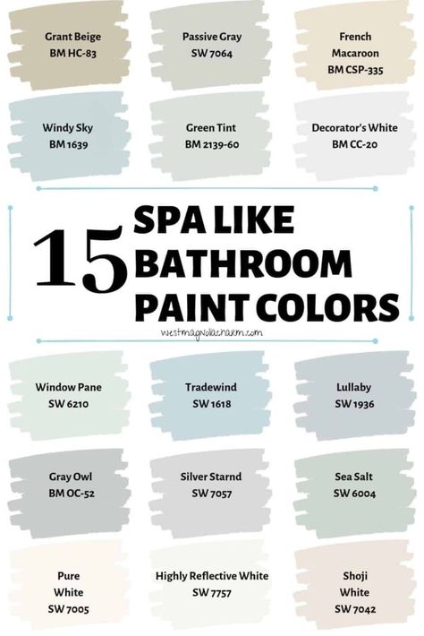 If you want a bathroom paint colors that is relaxing and calming, check out these 15 spa like paint colors from Benjamin Moore and Sherwin Williams. #bathroom #painting #interiordesign #homeimprovement Paint Colors For Bathrooms, Colors For Bathrooms, Sherwin Williams Sea Salt, Bathroom Painting, Grant Beige, Toilette Design, Best Kitchen Design, Relaxing Bathroom, Bathroom Retreat