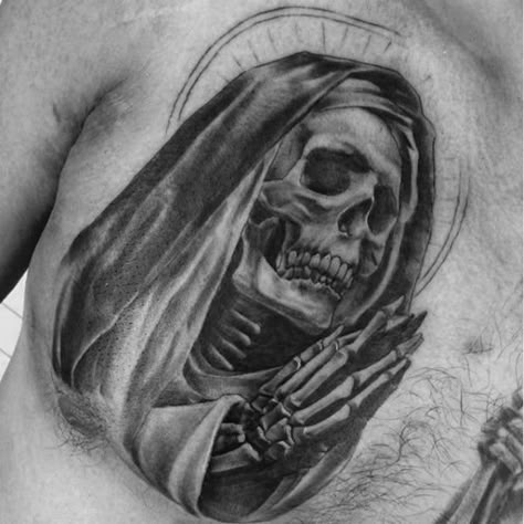 Mens Chest Praying Veiled Skull Religious Tattoo Reaper Chest Tattoo Men, Reaper Chest Tattoo, Praying Skull Tattoo, Santa Muerte Tattoo For Men, Skull Praying, Grim Reaper Rosary Tattoo, Praying Skeleton Tattoo, Virgin Mary Skeleton Tattoo Design, Santisima Muerte Tattoo