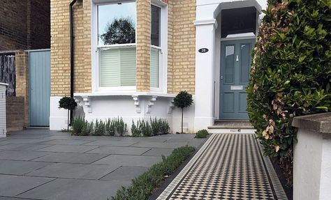 London Victorian mosaic black white path tile driveway grey planting York stone Dulwich Front Driveway Ideas, Painted Brick Ranch, House Driveway, Victorian Front Garden, Front Garden Ideas Driveway, Garden Ideas Driveway, Best Exterior House Paint, Terraced Garden, York Stone