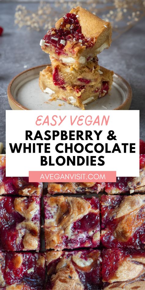 Raspberry Blondies, Vegan Blondies, Blondie Recipe, Chocolate Blondies, White Chocolate Blondies, Raspberry White Chocolate, Chocolate And Raspberry, Vegan White Chocolate, Vegan Baking Recipes