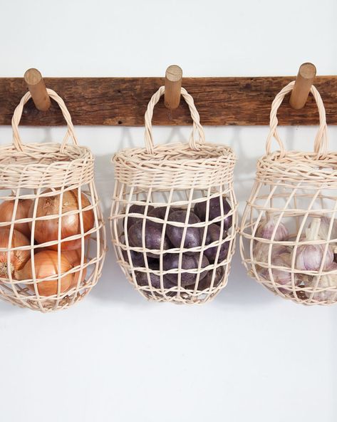 Produce Storage Solutions to Enjoy Your Harvest All Year Long - Sunset Magazine Spring Cleaning Inspiration, Onion Basket, Weave Basket, Cleaning Inspiration, New Potato, Kitchen Decorating, Rattan Basket, Tea Art, Apartment Kitchen