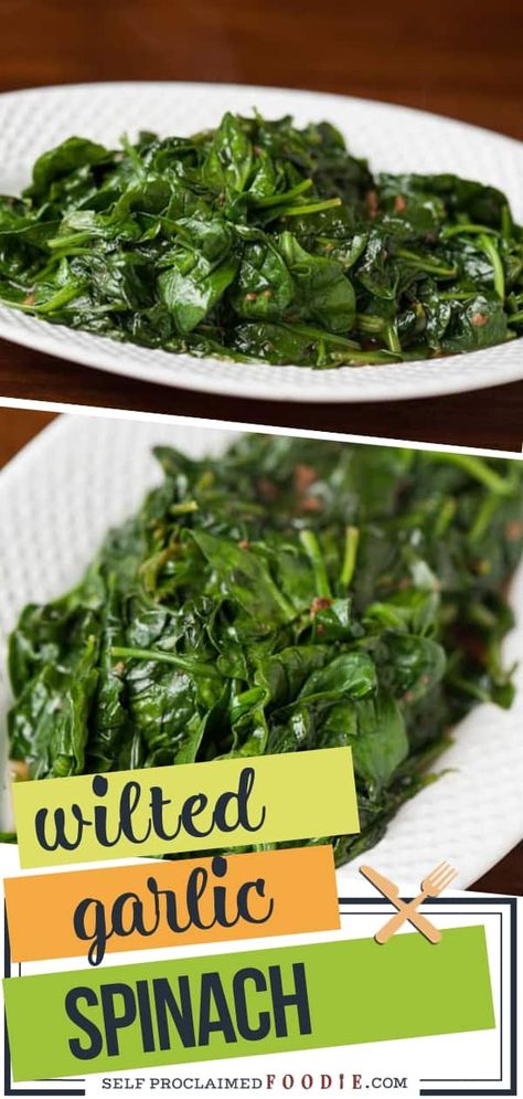 An easy and healthy side dish that compliments any dinner! This Wilted Garlic Spinach takes only minutes to prepare and goes perfectly with any main course! Try making this recipe! Sesame Spinach, Fresh Spinach Recipes, Garlic Butter Recipe, Spinach Side Dish, Spinach Recipes Healthy, Cooking Veggies, Taco Side Dishes, Keto Veggies, Winter Foods