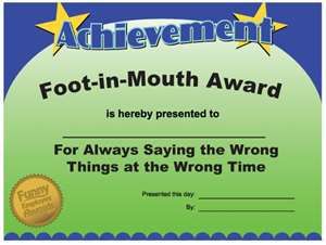 mouth foot certificate Funny Teacher Awards, Most Likely To Awards, Funny Office Awards, Funny Employee Awards, Funny Awards Certificates, Funny Certificates, School Awards Ceremony, Office Awards, Funny Awards