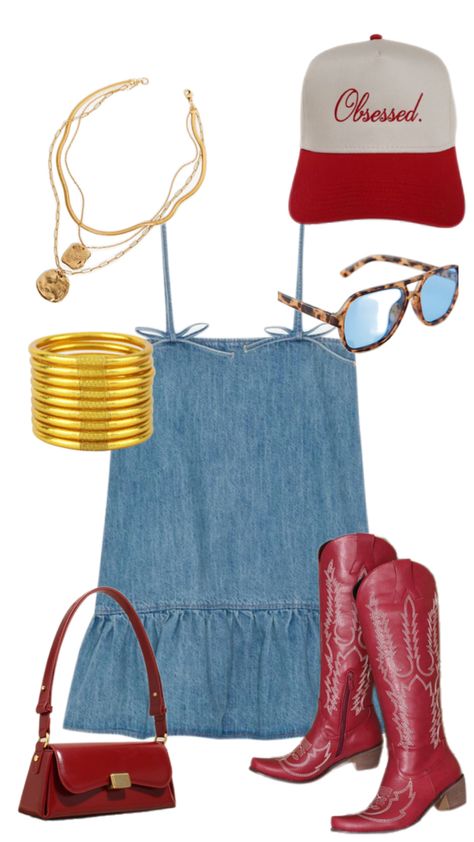 Denim Dress Outfit Gameday, Tampa Bay Buccaneers Game Day Outfits, Things To Wear To A Country Concert, Txst Game Day Fits, Outdoor Music Festival Outfits Fall, Zb Concert Outfits, Cowgirl Chic Aesthetic, Leather Skirt Cowboy Boots Outfit, Red Country Aesthetic