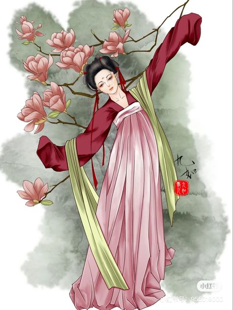 Late Tang dynasty hanfu illustrated by 九如 from Redbook app Tang Dynasty Hairstyles, Hanfu Drawing, Tang Dynasty Art, Tang Dynasty Clothing, Tang Dynasty Hanfu, Hanfu Art, Traditional Chinese Hanfu, Traditional Hairstyle, Chinese Traditional Clothing