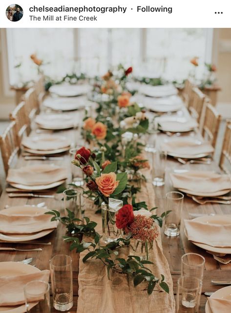 Greenery On Wooden Table Wedding, Long Table Decor For Wedding, Picnic Table Decor Wedding, Wedding Farm Table Decor Centerpieces, Rustic Wedding Rectangle Table Decor, Family Style Wedding Table Decor, Casual Wedding Table Decor, Round Table Centerpieces Wedding Rustic Chic Flower Arrangements, Wood Table Wedding Decor