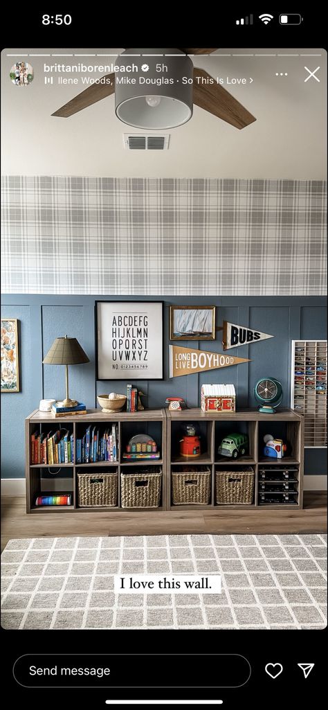 Upstairs Hallway Seating Ideas, Boys Room Bookshelf Ideas, Little Boy Rooms Ideas, Bonus Room Nursery, Little Boy Room Ideas Bedrooms Kids, Toddler Boy Shared Room Ideas, Board And Batten Toddler Room, Blue Boys Room Ideas, Boys Room Daybed