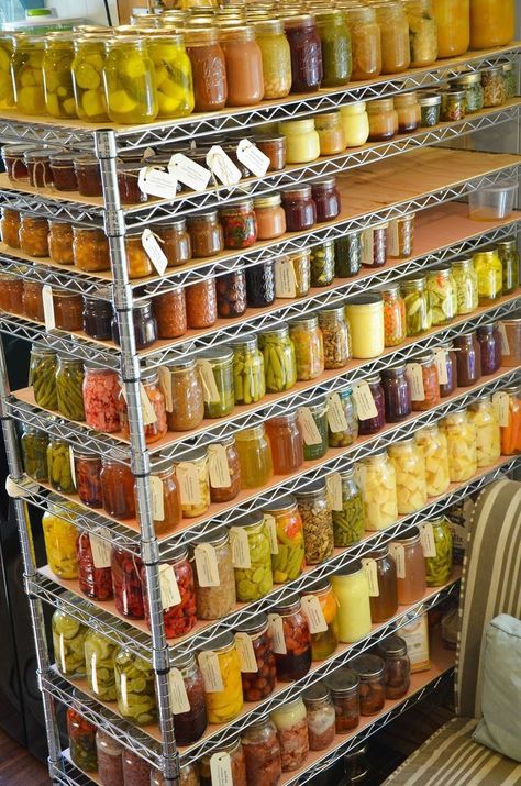 Canning Shelves, Root Cellar Storage, Canning Jar Storage, Food Storage Rooms, Canning Kitchen, Canning 101, Food Preserving, Canning Vegetables, Canning Food