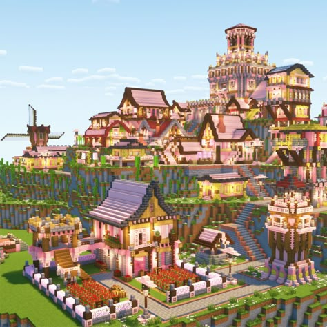 Minecraft Cherry Blossom Village Tutorial Cherry Grove Village Minecraft, Minecraft Flower Castle, Cheery Blossoms Minecraft House, Minecraft Sakura Builds, Cherry Blossom Path Minecraft, Cherry Village Minecraft, Cherry Blossom Castle Minecraft, Minecraft Cherry Blossom Village, Cherry Blossom Village Minecraft