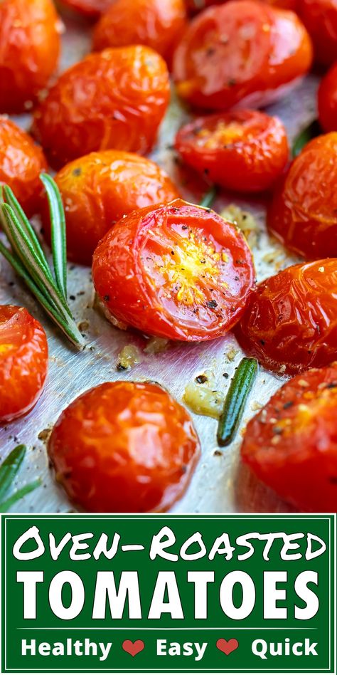 Roasted Cherry Tomatoes are tossed in olive oil and crushed garlic for a quick, easy, and healthy addition to any pasta, baguette, or grilled chicken recipe.  This roasted tomatoes recipe can be made with either cherry or grape tomatoes and is gluten-free, vegan, vegetarian, Whole30, and Paleo-approved. #roastedtomatoes #tomato #recipe #cherrytomatoes #vegan #whole30 Tomato Gravy Recipe, Oven Roasted Cherry Tomatoes, Light Foods, Tomato Paste Recipe, Tomatoes Roasted, Foodgawker Recipes, Tomato Pasta Recipe, Cherry Tomato Recipes, Fresh Tomato Recipes