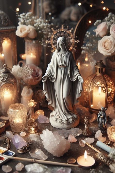 Mother Mary Altar, Altar Photography, Feminine Altar, Crystal Room Decor, Spiritual Altar, Empress Tarot, Altar Design, Healing Room, Loving Kindness Meditation