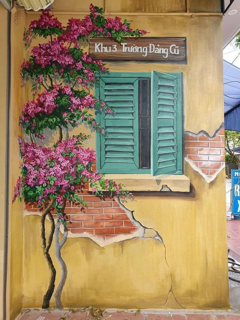 3d Window Painting, Garden Murals Ideas Wall Art Backyard, Wall Painting For Balcony, Garden Wall Ideas Decorative, Backyard Wall Painting Ideas, Outdoor Wall Painting Ideas Backyards, Terrace Wall Painting Ideas, Diy Wall Mural Ideas Easy, Backyard Landscape Plans