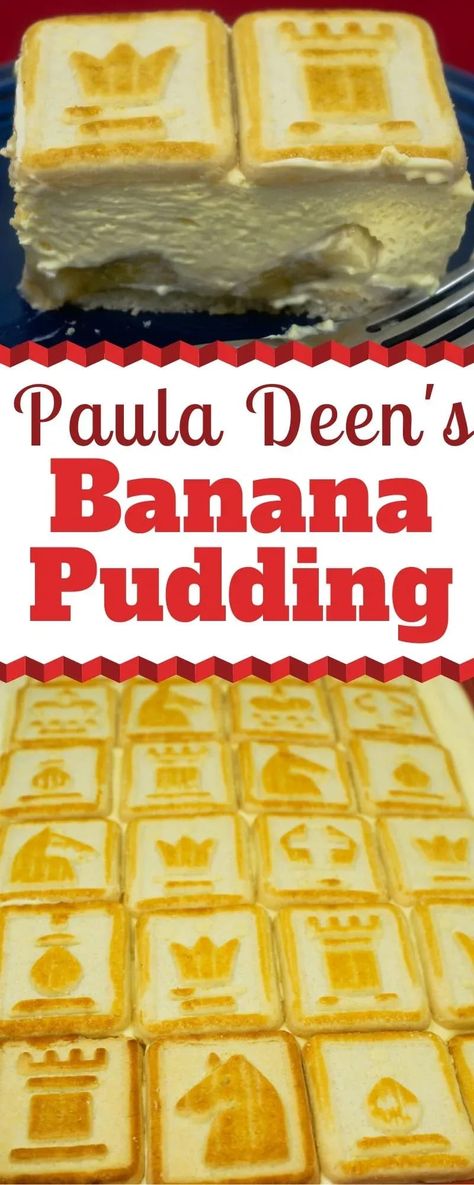 Paula Deen has a unique spin on a classic Banana Pudding recipe. She serves up a French Vanilla pudding with cream cheese that is so rich and creamy. And it's topped with Pepperidge Farm Chessman Butter cookies. How pretty! You must try this one. | Banana Pudding Recipe With Chessman Cookies | Paula Dean's Banana Pudding | French Vanilla Banana Pudding with cream cheese | Paula Dean Banana Pudding | #Banana #Pudding #Desserts #PaulaDeen #Recipes Banana Pudding With Chessman, Pepperidge Farm Banana Pudding, Chessman Banana Pudding Recipe, Chessman Cookie Banana Pudding, Vanilla Banana Pudding, Paula Dean Banana Pudding, Banana Pudding With Cream Cheese, Pudding With Cream Cheese, Paula Deen Banana Pudding Recipe