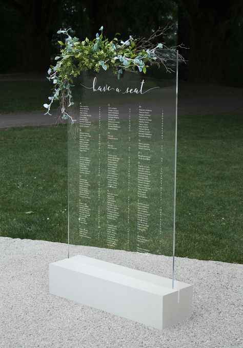 Vancouver BC Wedding and Event Rentals at Flavelle & Co. / Naramata Seating Chart / www.flavelleandco.com Plexiglass Wedding Seating Chart, Frosted Glass Seating Chart, Glass Seating Chart Wedding, Perspex Wedding Signs, Glass Seating Chart, Acrylic Seating Chart Wedding, Seating Chart Acrylic, Romantic Wedding Colors, Reception Seating Chart