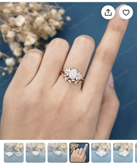 Leaves Ring Engagement, Oval Engagement Ring With Leaf Wedding Band, Leaf Engagement Ring Set, Wedding Rings Engagement Floral, Wedding Rings With Enhancers, Leaf Wedding Band With Engagement Ring, Nature Wedding Ring Set, Floral Band Engagement Ring, Dainty Whimsical Engagement Ring