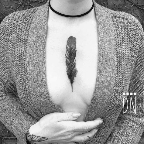 reehand crow feather on my wife, for our Vigo Crow. He's turning two in a couple of weeks. A lot of people ask me "what's your favorite tattoo you've ever done?" -Well, it's this one! Crow Collarbone Tattoo, Crow Tattoo Collarbone, Crow Wrist Tattoo For Women, Crow Rib Tattoo, Crow Feather Tattoo For Women, Crow Feather, Crow Tattoo, Western Tattoos, Sternum Tattoo