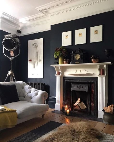 Philippa McFarlane on Instagram: "Morning people Happy Sunday! 🍁🍂🍁 . Here’s another snap shot of our living room and my favourite basalt paint coloured walls that I banged on about on my post the other day! Still got to get a coffee table for this room before it will feel completely finished . I’m on rugby duty with the boys this morning but I’m already looking forward to getting back home and lighting the fire in here later. What’s on the cards today for you? Have a good one whatever you get Dark Victorian Living Room, Edwardian Living Room, Living Room Victorian, Blue Couch Living, Coloured Walls, Navy Living Rooms, Victorian Living Room, Dark Living Rooms, Morning People