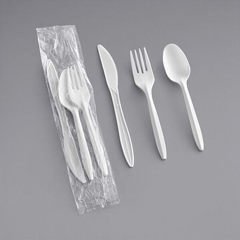 Provide your customers with the convenience of this medium weight white plastic cutlery set from Choice! Wrapped in a clear poly wrapper and boasting a classic white color, this medium weight, plastic cutlery set is just what your establishment needs. Not only does it increase the speed of service, but it also will satisfy your customers by keeping the utensils clean and sanitary! The medium weight utensils provide just the right amount of stability with less material to help both the environmen Food Delivery Packaging, Snack Shack, Disposable Cutlery, Plastic Silverware, Plastic Utensils, Plastic Dinnerware, Plastic Forks, Plastic Cutlery, Fork And Spoon