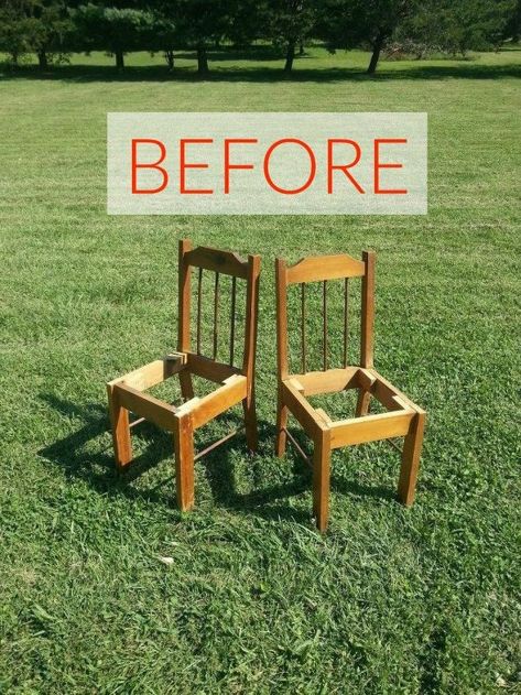 Wooden Chair Makeover, Old Wooden Chairs, Sleigh Bed Frame, Old Bed Frames, Wooden Outdoor Furniture, Chair Redo, Chair Makeover, Old Chairs, Old Chair