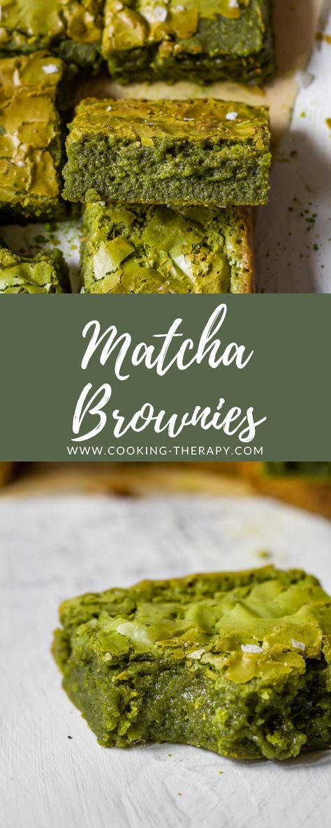 Gooey fudgy brown butter matcha brownie recipe. #matchabrownies #matcha #brownies Green Tea Brownies, Macha Dessert Recipes, Matcha Chocolate Brownies, Macha Recipes Baking, Matcha Cookies Recipe Healthy, Green Brownies Recipe, Interesting Brownie Recipes, Matcha White Chocolate Brownies, Vegan Matcha Brownies