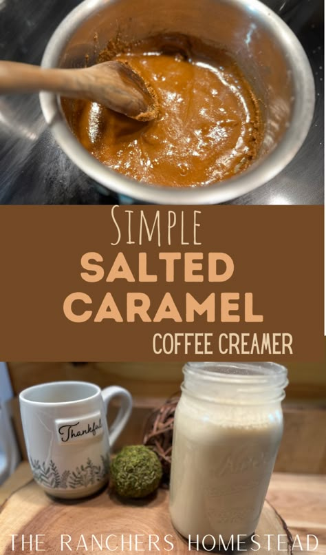 Simple Homemade Salted Caramel Coffee Creamer - The Ranchers Homestead Almond Milk Caramel Coffee Creamer, Healthy Caramel Coffee Creamer, Coffee Creamer Recipe Non Dairy, Coffee Creamer Homemade Non Dairy, Homemade Salted Caramel Coffee Creamer, Diy Dairy Free Coffee Creamer, Non Dairy Coffee Drinks, Homemade Coffee Creamer Dairy Free, Homemade Dairy Free Coffee Creamer