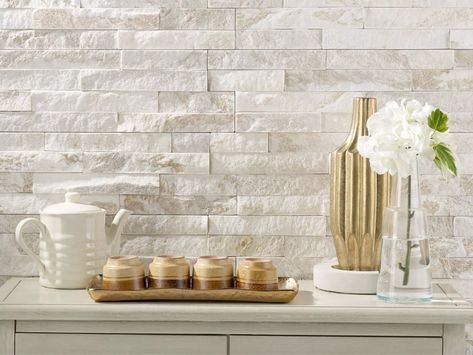 Del Sol Quartzite Splitface Ledger Panel | Floor and Decor White Stone Backsplash, Stacked Stone Backsplash, Rock Backsplash, Cladding Stone, Ledger Stone, Natural Stone Backsplash, Stone Backsplash Kitchen, Stone Accent Walls, Fireplace Tile Surround