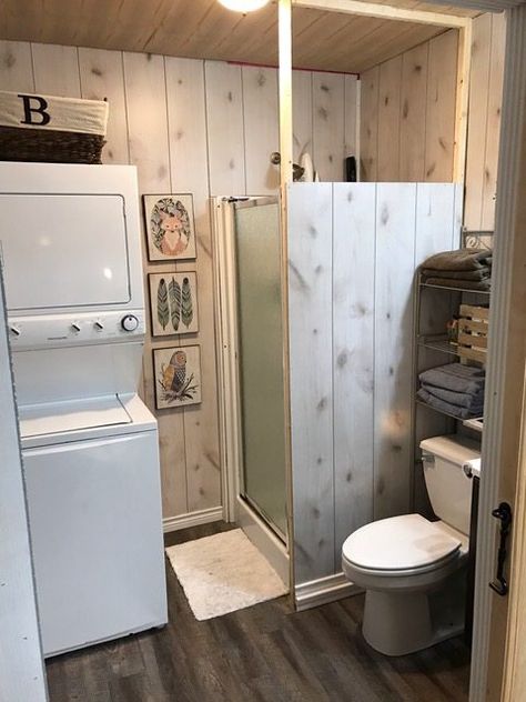 Tiny Home Shed Bathroom, Shed House Bathroom Ideas, Container House Bathroom, Shipping Container Laundry Room, Shed House Bathroom, Tiny Home Bathrooms Ideas, Turning A Shed Into A Tiny House, Tiny Home Shed Ideas, Tiny House From Storage Shed