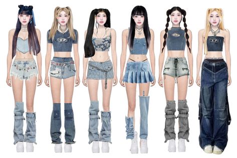 Denim Kpop Outfit, Stage Outfits 6 Members, Kpop Concert Outfit Ideas, Idols Outfits, Egirl Fashion, Group Outfits, Kpop Concert Outfit, Vintage Denim Shorts, Bts Inspired Outfits