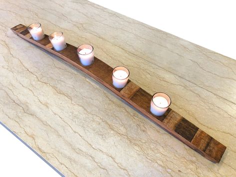 Repurposed and Unique for your Home In Stock. Handmade From Solid Oak Bordeaux-Type Wine Barrel Stave. Beautiful Wine Stain On Bottom. Finished With Spar Varnish For Protection. Includes Five Candle Votives. L: 37.2in x W 2.5in x H 4.7in (+/- 5%) Free Continental USA Shipping. Oak Barrel Furniture, Wine Barrel Coffee Table, Wine Barrel Chairs, Wine Stain, Barrel Coffee Table, Candle Votives, Whiskey Barrel Furniture, Barrel Furniture, Wine Stains